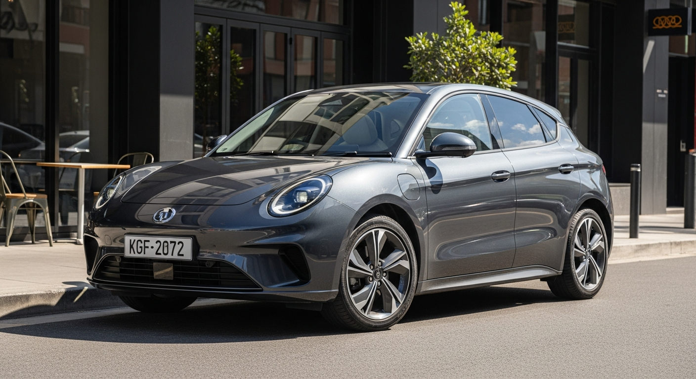 A stylish GWM Ora electric hatchback with retro-round headlights parked outside a modern urban cafe, viewed from the front.